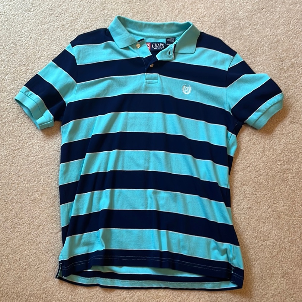 Men’s Navy Blue and Light Blue Striped Polo Shirt Size S